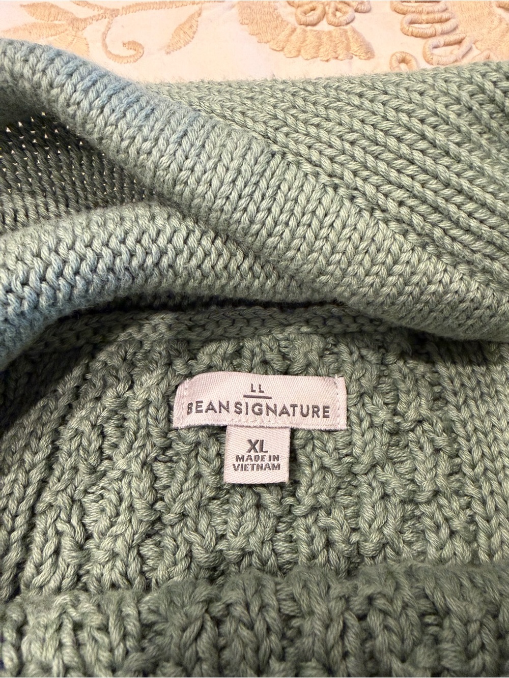 LL Bean Signature Sage Green Cable Funnel Neck Sweater - Picture 5 of 10